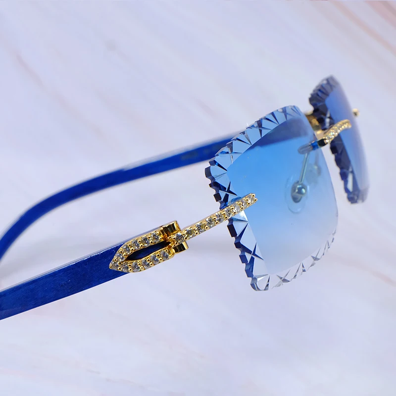 

Moissanite Sunglases Carter Luxury Blue Wood Stylish Rimless Diamond Cut Sun Glasses Vintage Cool Decoraiton Eyewear