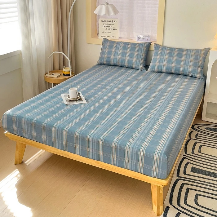 1pc 100%Cotton Bed Sheet with Elastic Band Japanese Style Plaid Printed Fitted Sheet Single/Queen/King  Bedsheet for Double Bed 3