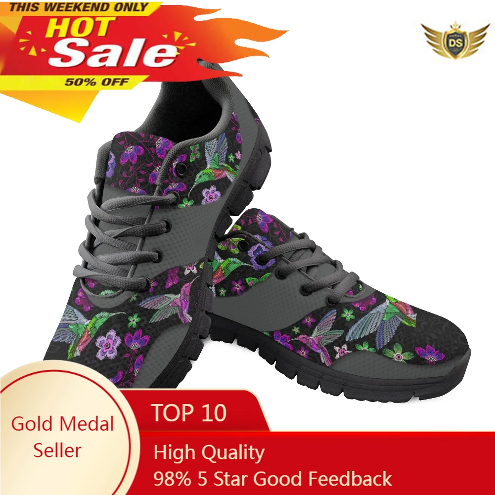 

Women's Lightweight Soft Mesh Sneakers Pretty Dark Flower And Hummingbird Print Female Flat Shoes Lace Up Zapatos