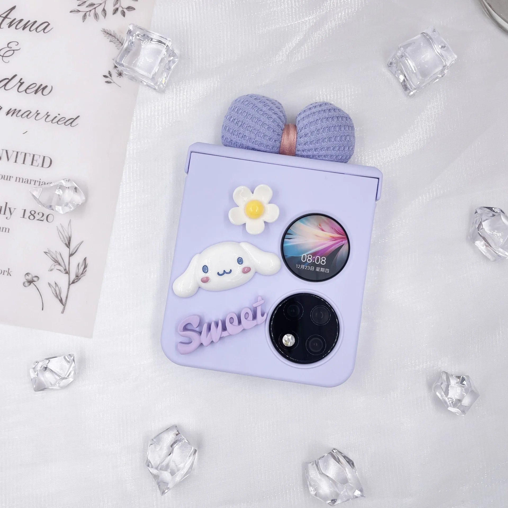 For Huawei Pocket S P50 Pocket DIY Purple Bow Tie Puppy Flowers Hinge Hard PC Shock proof Protection Mobile Phone Case Cover