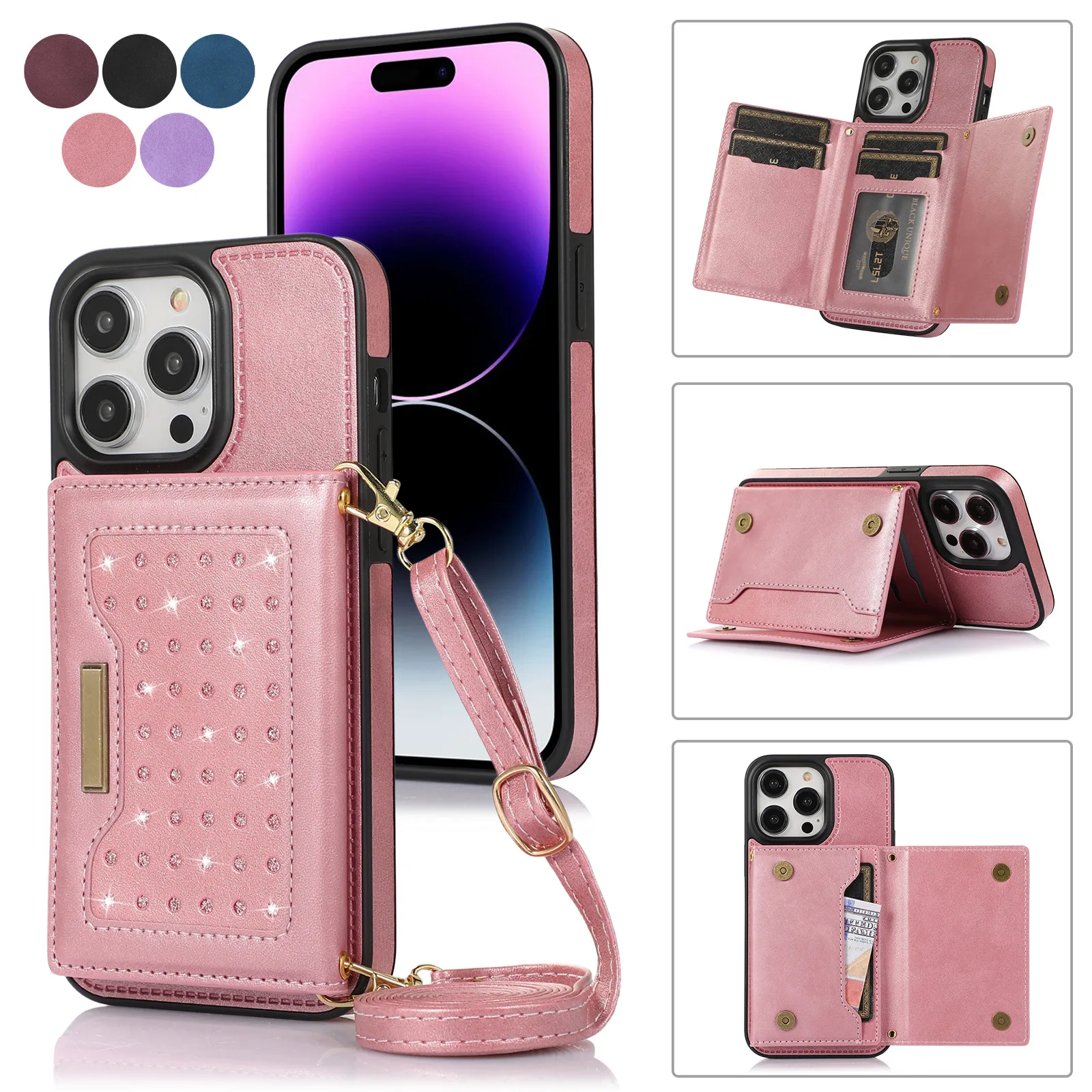 Wallet Phone Case Can Be Inserted Card Suitable for iPhone 12 13 Pro Max Phone  Case Retro Messenger Lanyard Phone Case-B