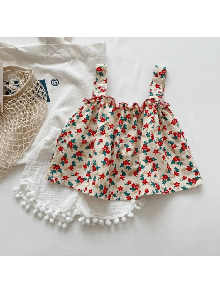 1-6 Y Kids Girls Cotton Floral Sling Top with Ruffles + Denim Shorts Set Cute Summer Outfit for Children Baby Girls kids clothing set girls clothing set