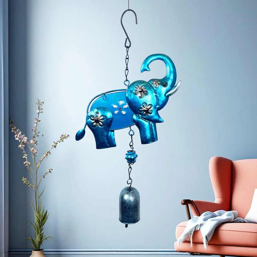 Cute Blue Elephant Bell Wind Chime Gentle Style Indoor Wall Outdoor Courtyard Terrace Porch Hanging Decoration Birthday Valentine's Day Housewarming Gift