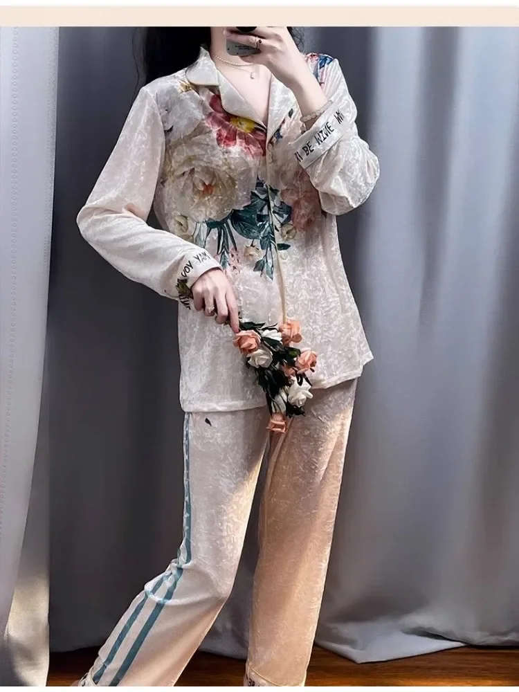 مجموعات بيجامة بطبعة زهور للنساء ، أكمام طويلة ، ب...