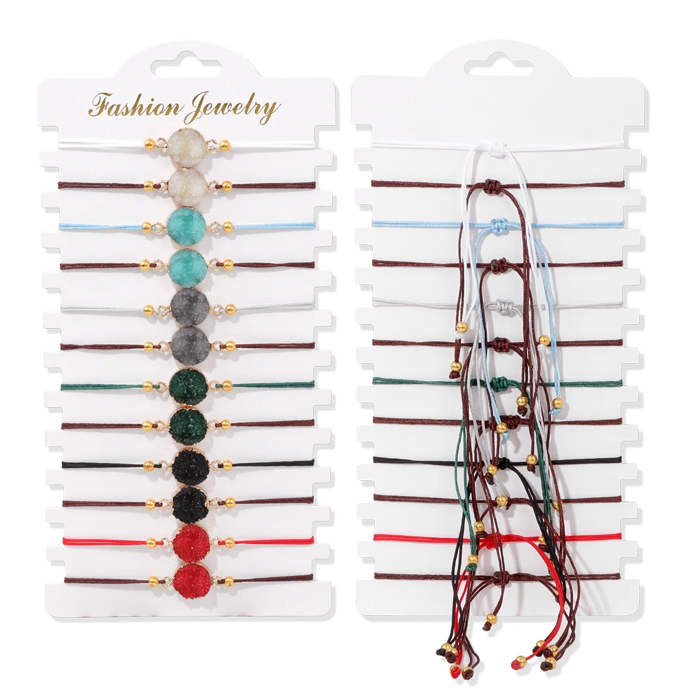 Colorful Natural Stone Adjustable Rope Bracelets - Handmade Bohemian Set with Cards (12 Pieces)