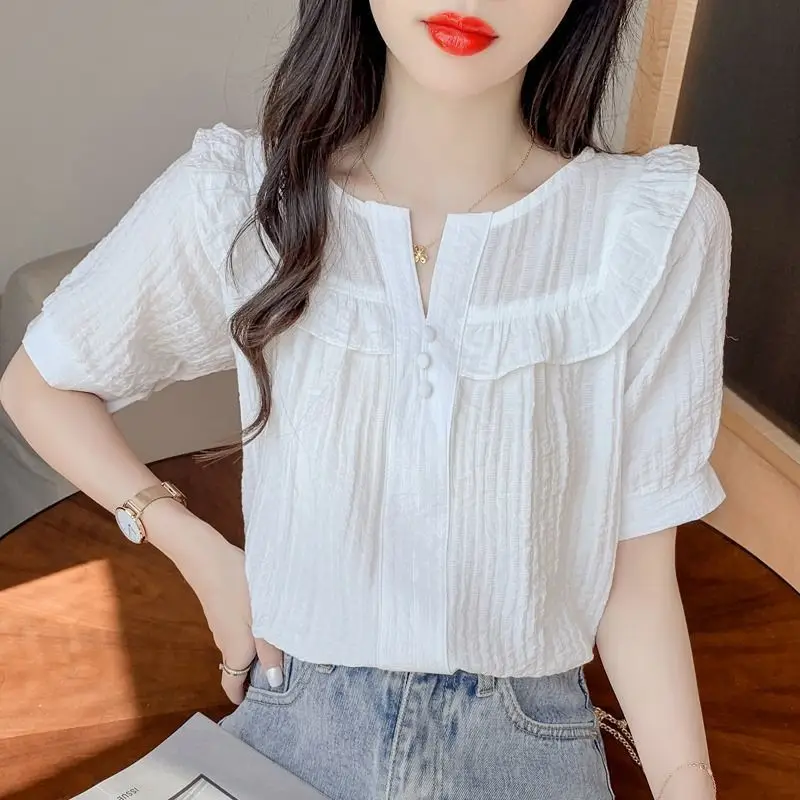 여성용 심플한 루즈한 단색 패션 쉬폰 브이넥 반팔 셔츠, 캐주얼 올매치 트렌드 상의, 여름