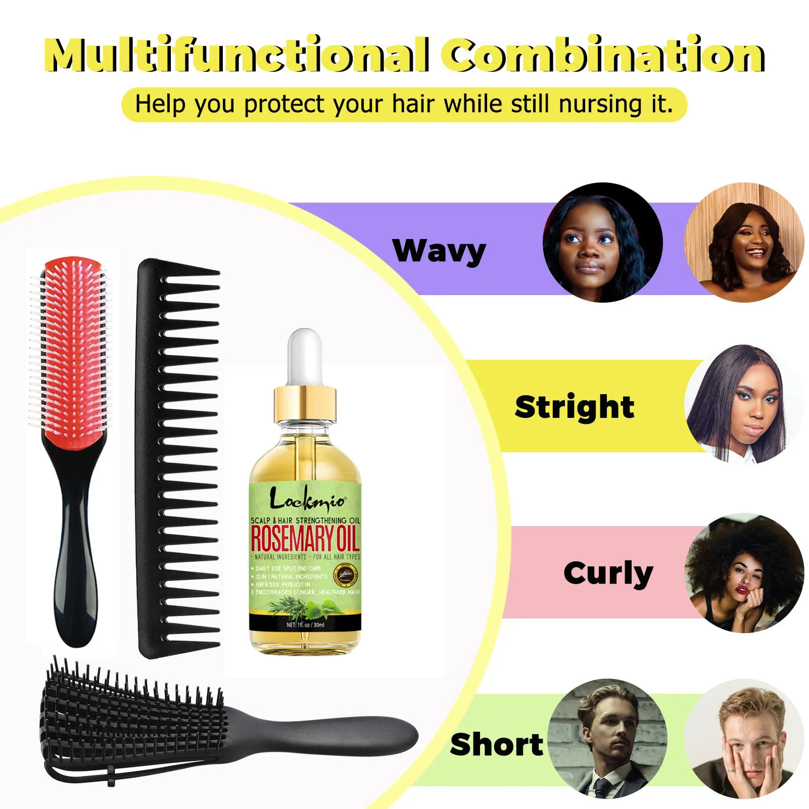 LOCKMIO Rosemary Hair Growth Oil with Curly Hair Brush Detangler Brush Wide Tooth Comb 9 Row Nylon Bristle Scalp Care Set
