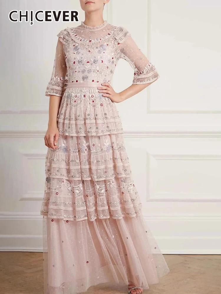 Hit Color Spliced Appliques Elegant Dresses for Women Round Neck Sleeveless Patchwork Mesh Dress Female Fashion New