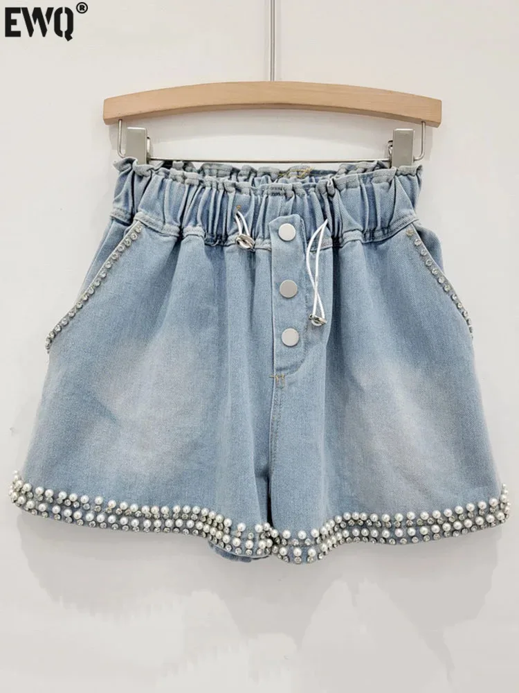 

[EWQ] New Fashion Diamond Studded Beads Drawstring High Waist Wide Leg Blue Denim Shorts For Women 2024 Spring Summer 16U9587