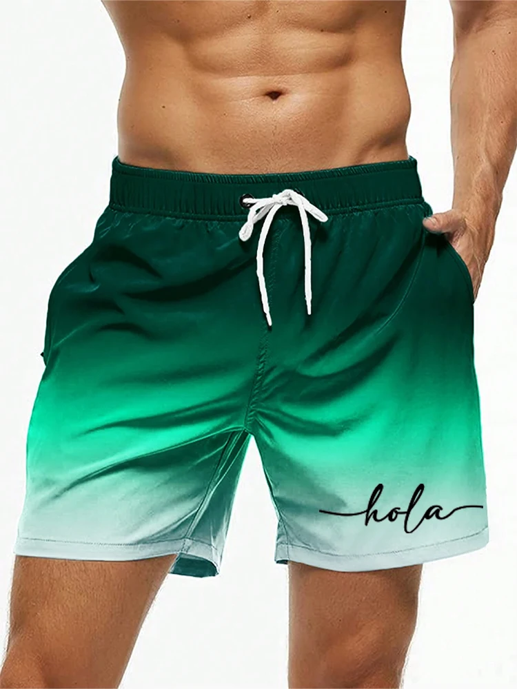 Fashion Letter Design Mens Print Shorts Summer Men's Swim Trunks Elastic Waist 3D Print ‘Hola’Graphics Gradient Breathable Short 3