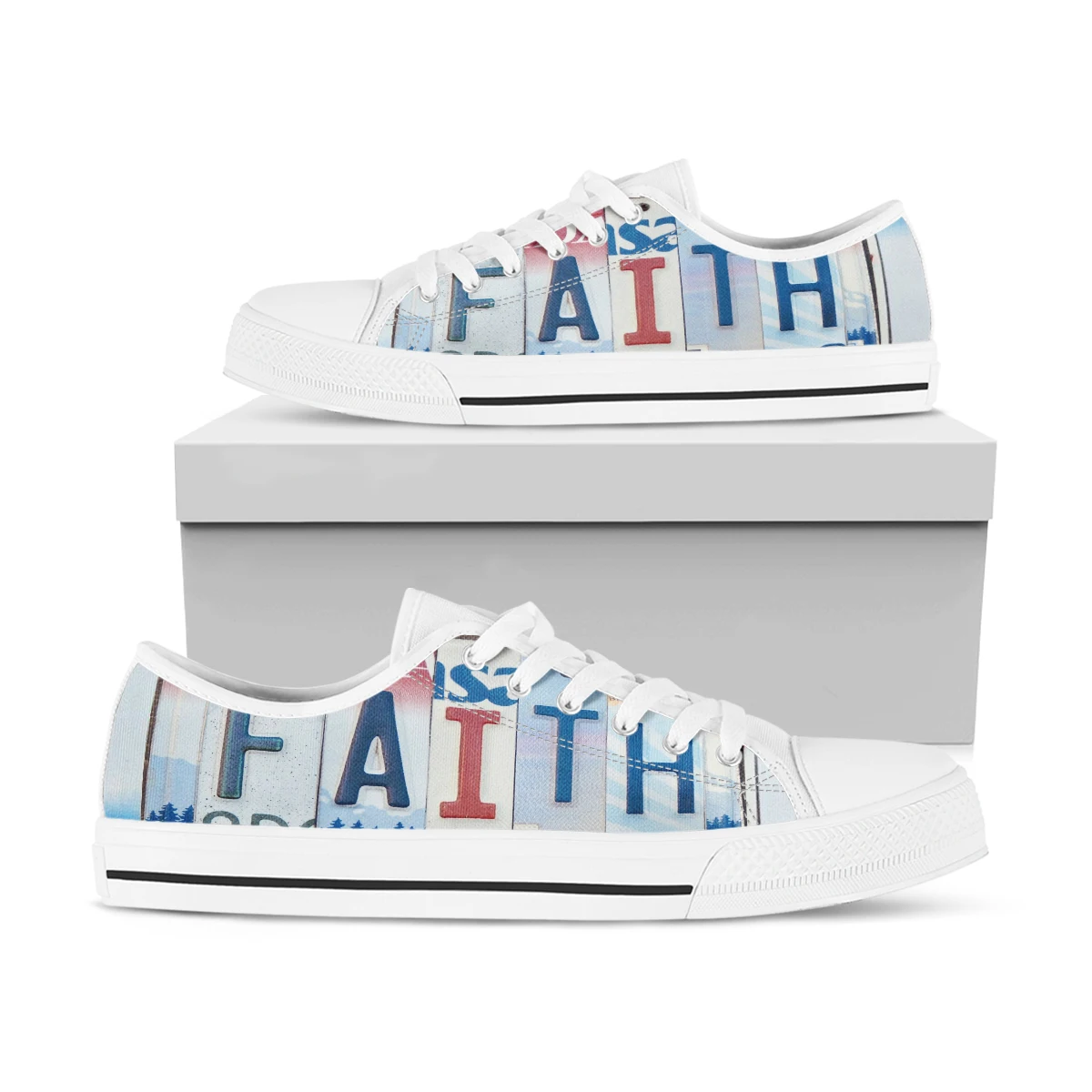 License Plate Faith Print Canvas Shoes Soft Bottom Square Low Top Flat Shoes Black White Women's Custom Shoes