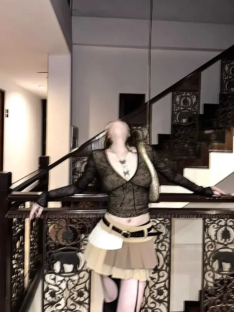 Korean Fashion Crop Top y2k Aesthetic Sweet Lace Patchwork Long Sleeve T Shirt with Bow 2000s Women Clothes Streetwear