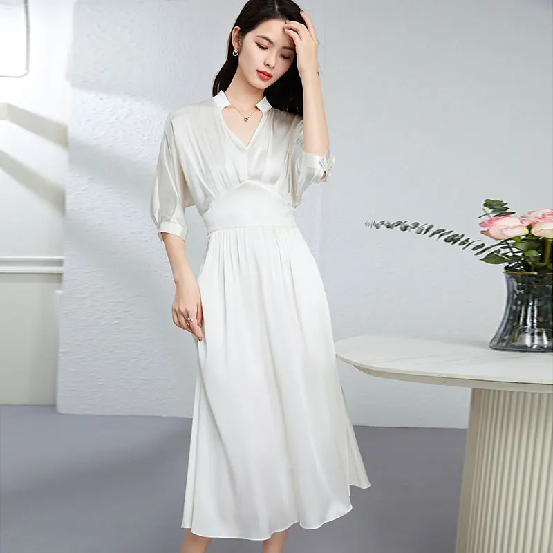 92.3% Silk 7.7% Spandex Women's Dresses Sexy V Neck Short Sleeves Elegant  Designer Fashion Mid Vestidos - AliExpress 200000345