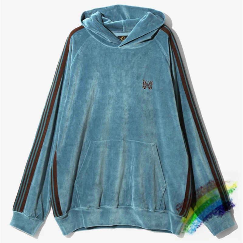 

New Fasion Blue Velvet AWGE Needles Hoodie Men Women Heavy Fabric Embroidery Butterfly Pullover Sweatshirts Haikyuu