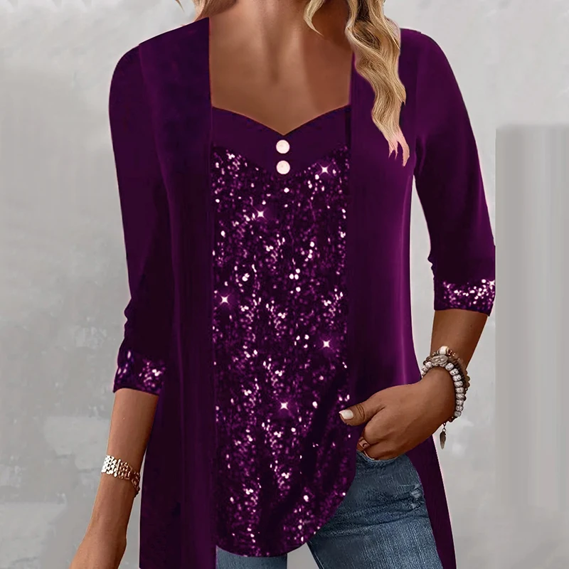 

Autumn Winter New Solid Sequin Patchwork Women T-Shirts Casual Elegant Button V-Neck Long Sleeve Office Ladies Slim Shirts