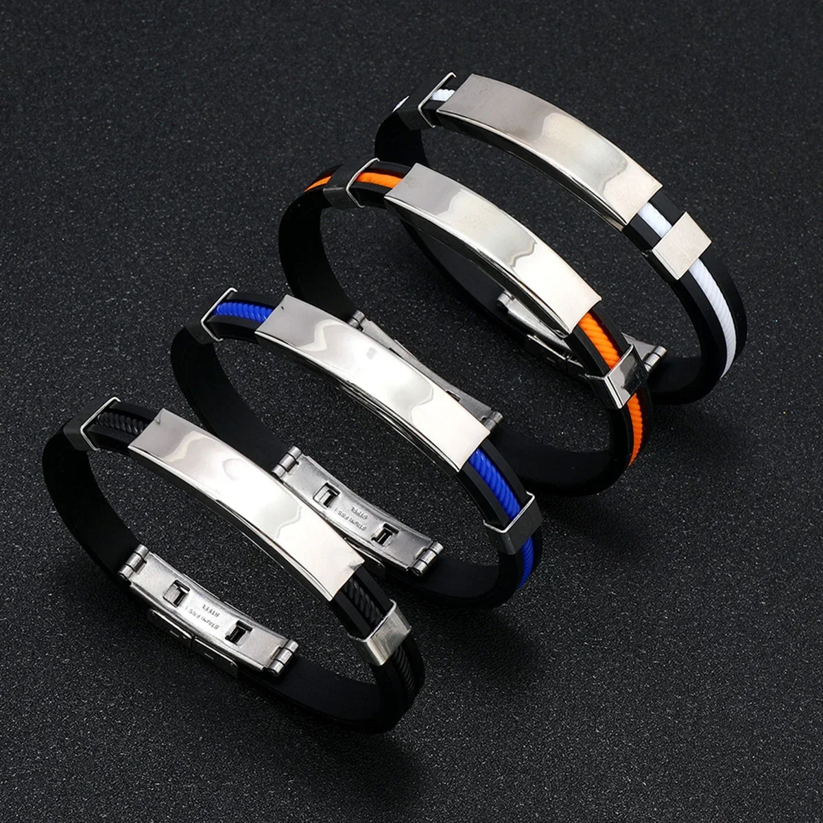 Fashion Bracelets Vintage Black Rubber Wristband Silicone Stainless Steel Men Bracelets Bangles Jewelry