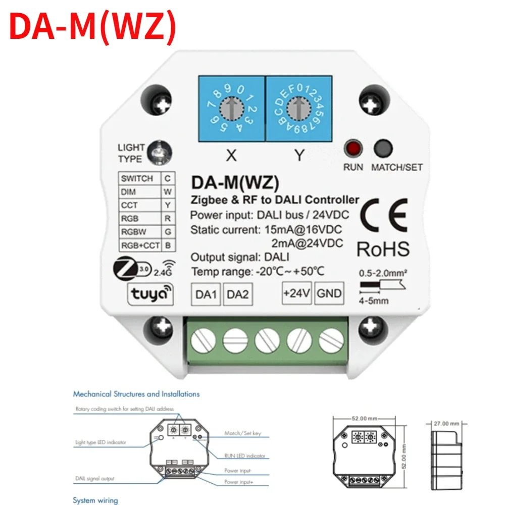 Da-M(Wz) 6 In1 Zigbee & Rf To Dali Converter Controller Tuya App Philips Hue Control Support Single Color Cct Rgb Rgbw Rgb + Cct Lamp