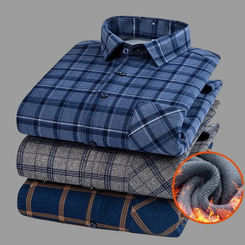 

Autumn Winter Reversible Velvet Shirts Men's Casual Thermal Stretch Thicken Warm Shirt Single Pocket Wool Fleece Plaid Striped S