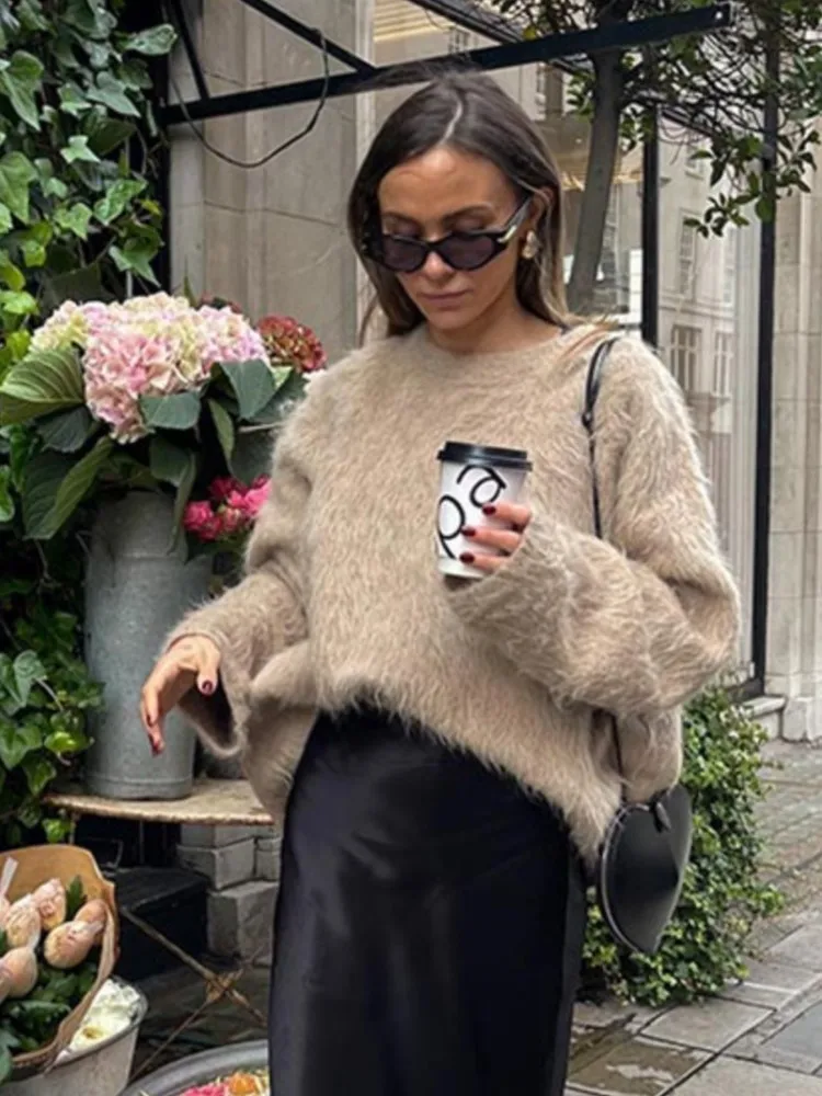 

Elegant Solid Mohair Knit Sweater For Women Round Neck Loose Long Sleeves Pullover 2023 Autumn Winter High Streetwear Tops