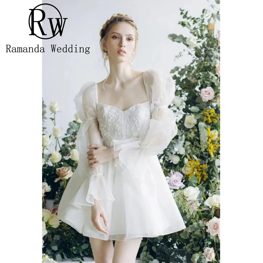 

Ramanda Above Knee Elegant Wedding Dresses 2024 Puff Full Sleeves A-line Lace Mini Simple Bridal Gown vestidos de novia