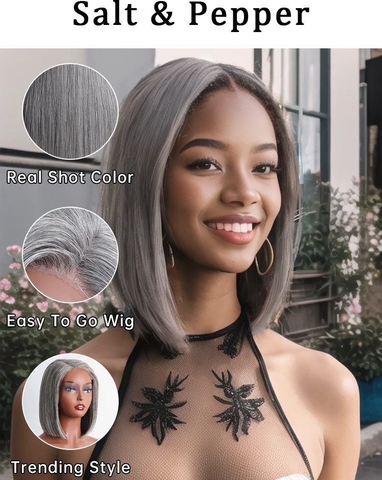 300% Density 5x5 Closure Wig Salt & Pepper ig Human Hair Salt & Pepper Gray Color Pre-Cut Straight Lace Frontal Wig For Women