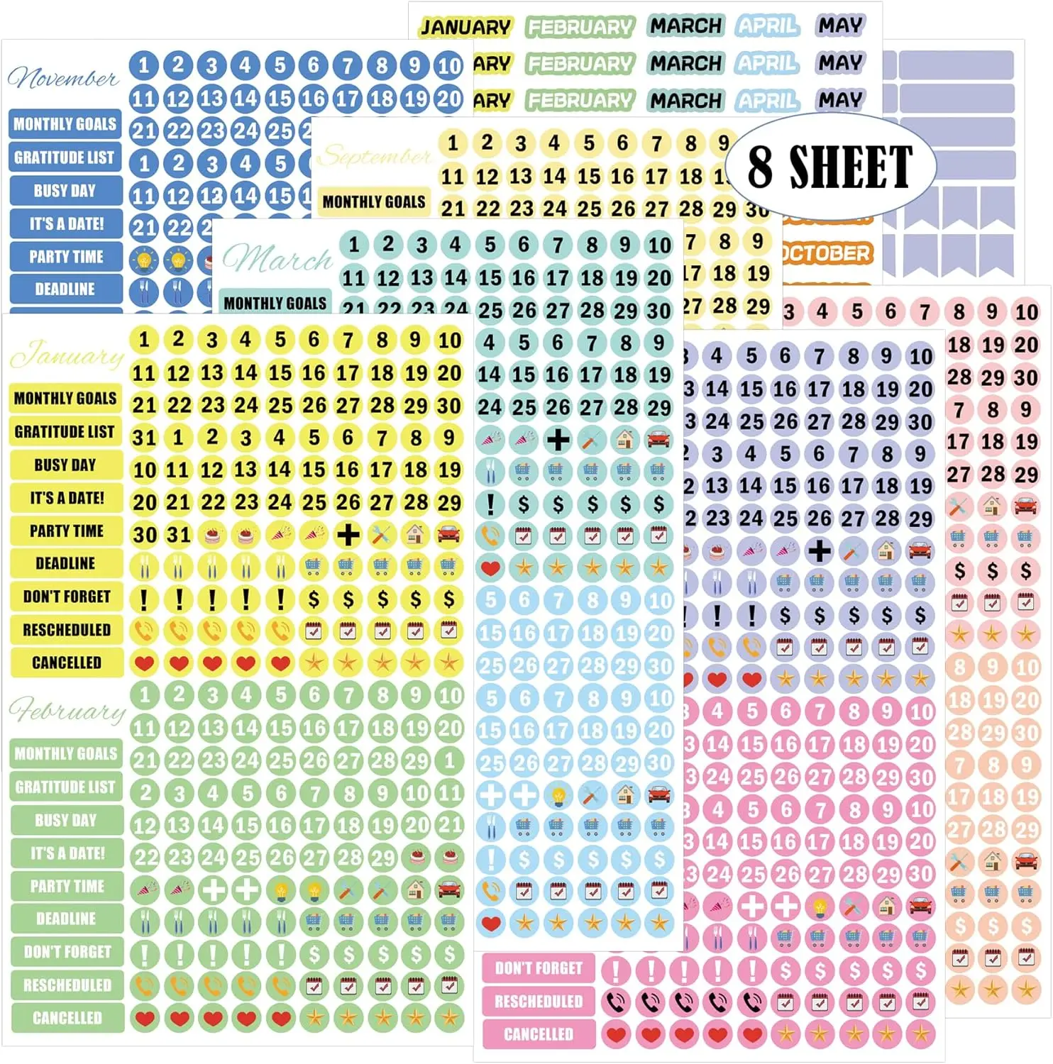 8 Sheet Daily Planners Calendar Essentials Stickers Monthly Weekly Daily Planner Stickers for Journals and Calendars Decorating