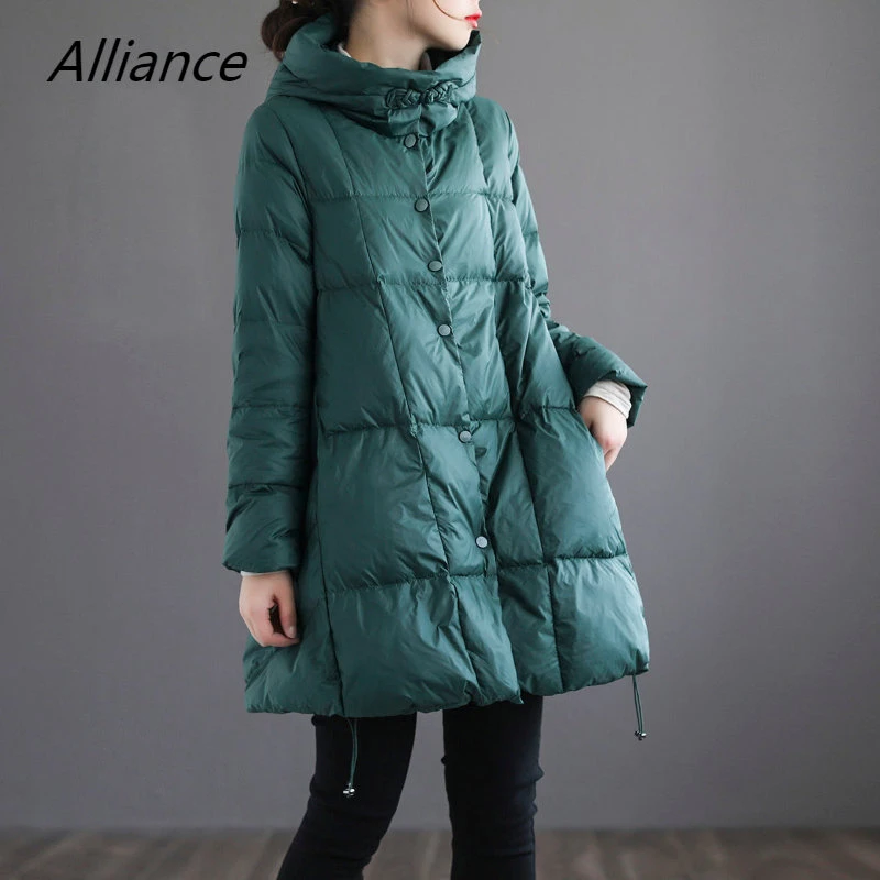 2022 Winter White Duck Down Jacket Women's Midlength Retro Hooded Coat
