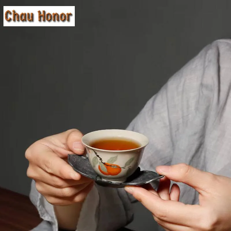 2pcs /set Plant Gray Persimmon Small Tea Cup Kung Fu Tea Set Household Tea Cup Ceramic Single Cup Tea Ceremony Accessories 45ml