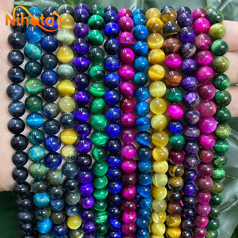 Natürliche Tigerauge Perlen Lila Grün Blau Goldene Runde Perlen Diy Armband Halskette für Schmuckherstellung 15" Strang 6/8/10/12/14mm – Detail 1