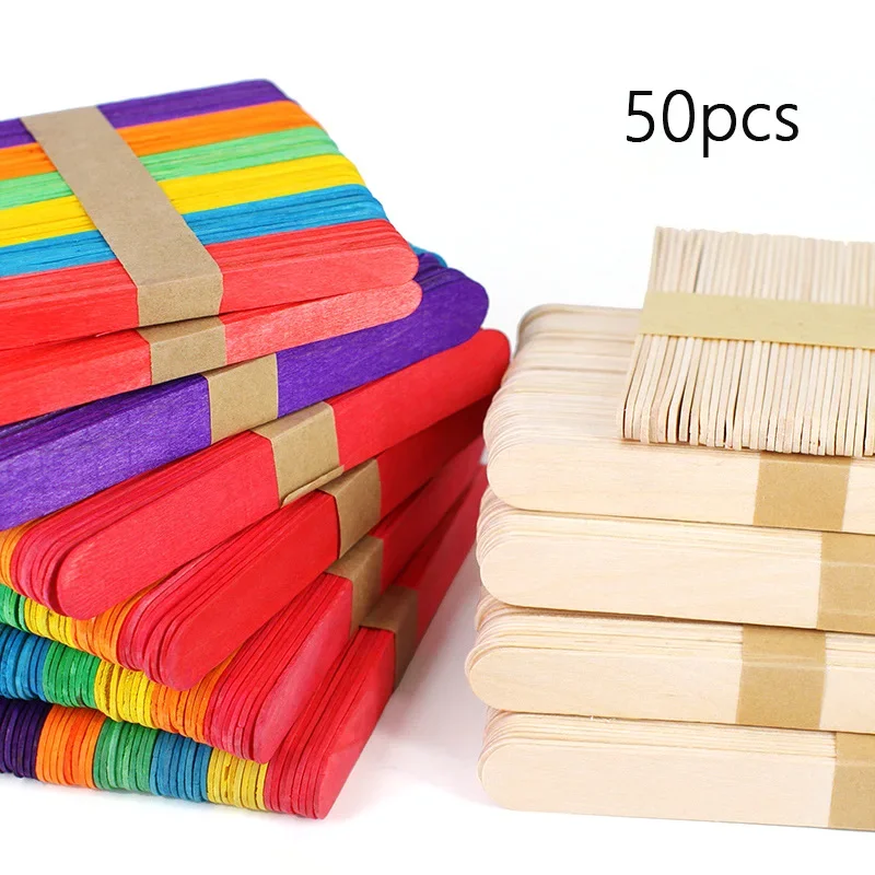 Ice Cream Sticks 50pcs Colorful Wooden Popsicle Sticks Natural Wood Hand Crafts Art DIY Accessories