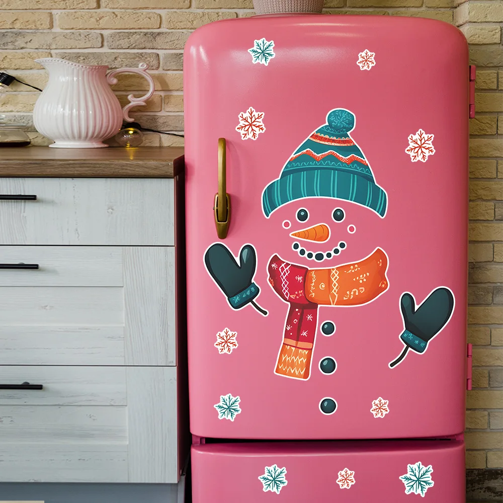 Painted Christmas Snowman Snowflake Fridge Sticker, 35x44cm PVC Self-Adhesive Decal for Kitchen, Dining Room Wall Decor