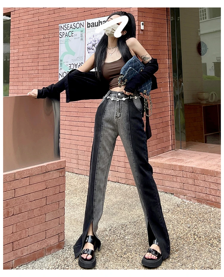 Blue Jeans Woman Denim Pants High Waisted Patchwork Trousers Slit Leg Straight Jeans Office Lady Spring Fashion Clothes