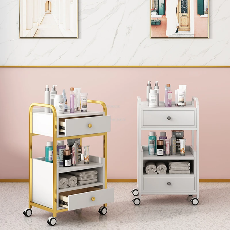 Light Luxury Iron Art Salon Trolleys Simple Beauty Salon Tool Trolley Rack Modern Salon