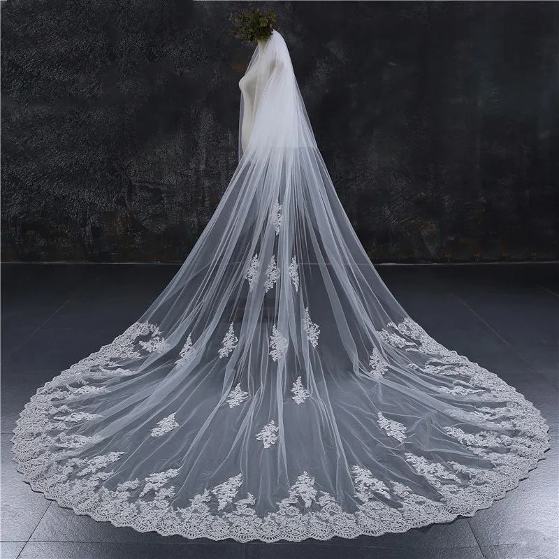 

2022 New Style Two Layers Full Edge with Lace Luxury 3 Meters Long Wedding Veil with Comb White Ivory Bridal Veil Velos De Novia