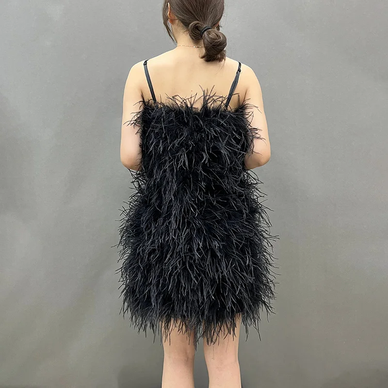 Women's Summer Feather Dress 2023 New Arrivals V Neck Ostrich Feather Mini  Dresses Backless Vests S5408