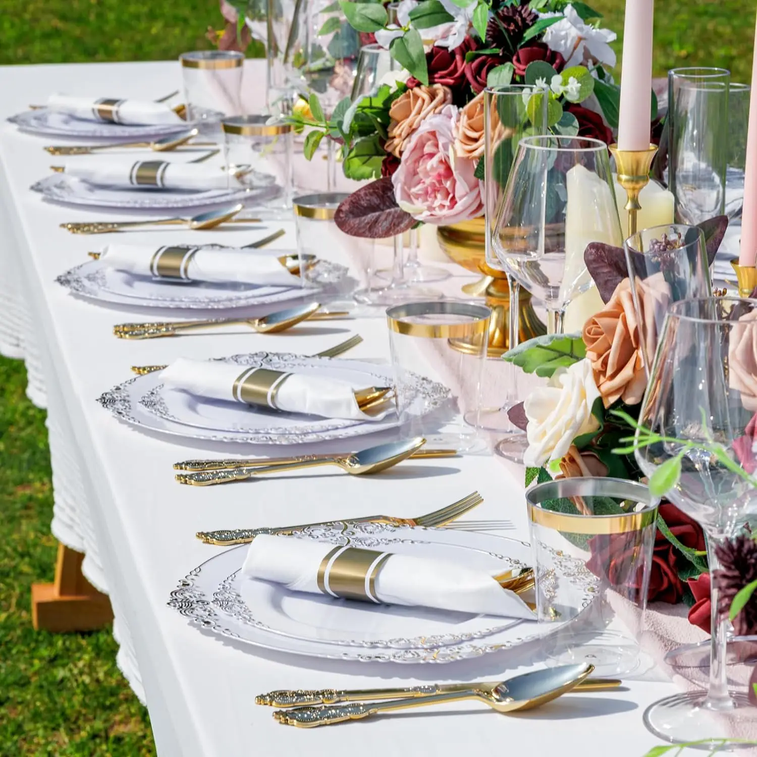 350PCS Gold Plastic Plates-Disposable Dinnerware Plates and Pre Rolled Napkins with Plastic Cutlery Party(Heavyweight)