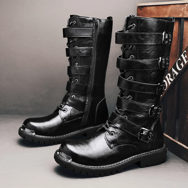 Botas-de-motocicleta-Punk-para-hombre-Botines-altos-de-cuero-con ...