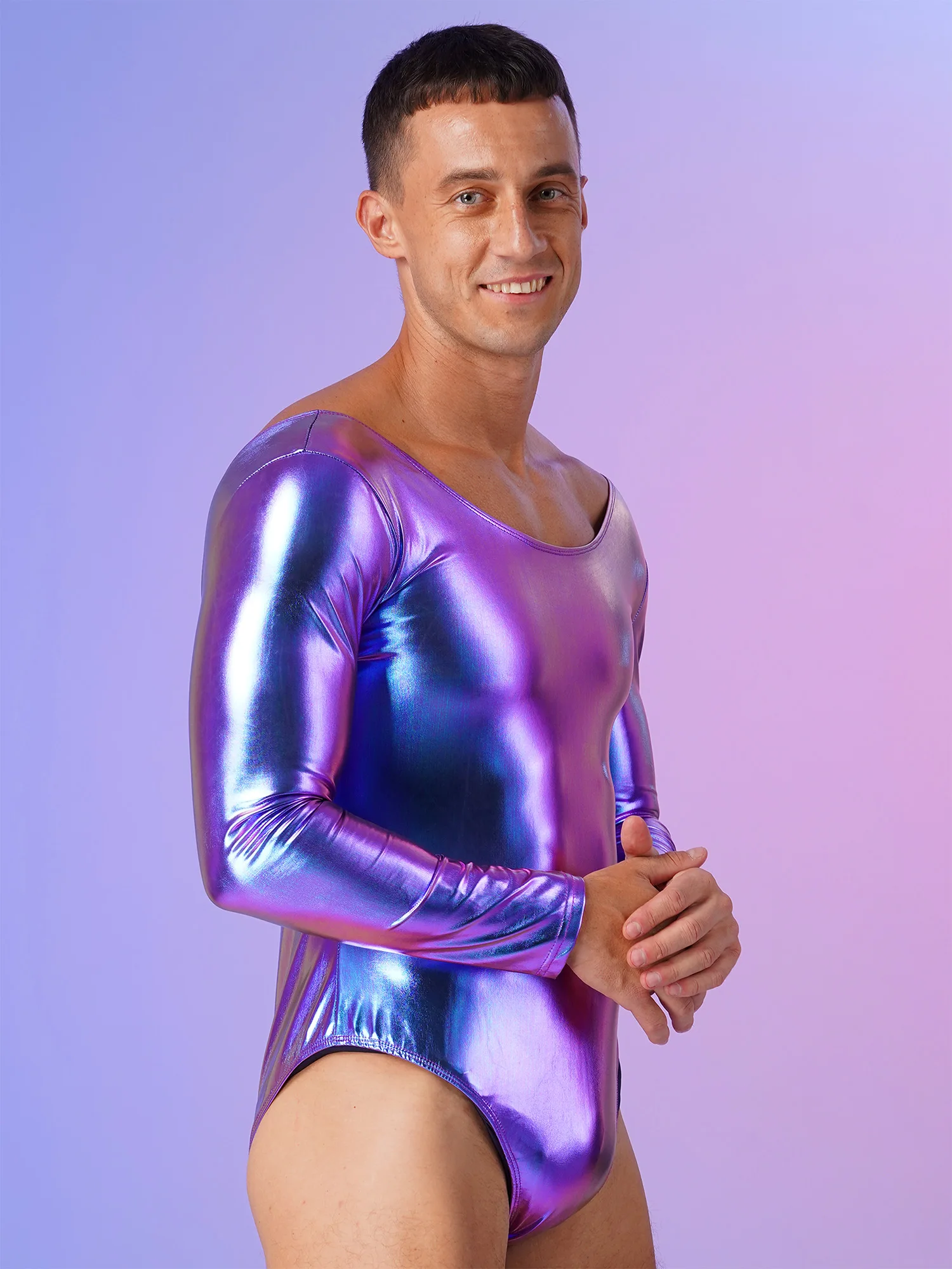 Mens Shiny Patent Leather Long Sleeves Bodysuit One-piece Monokini Bodycon Leotard Ballet Gymnastics Stage Performance Dancewear