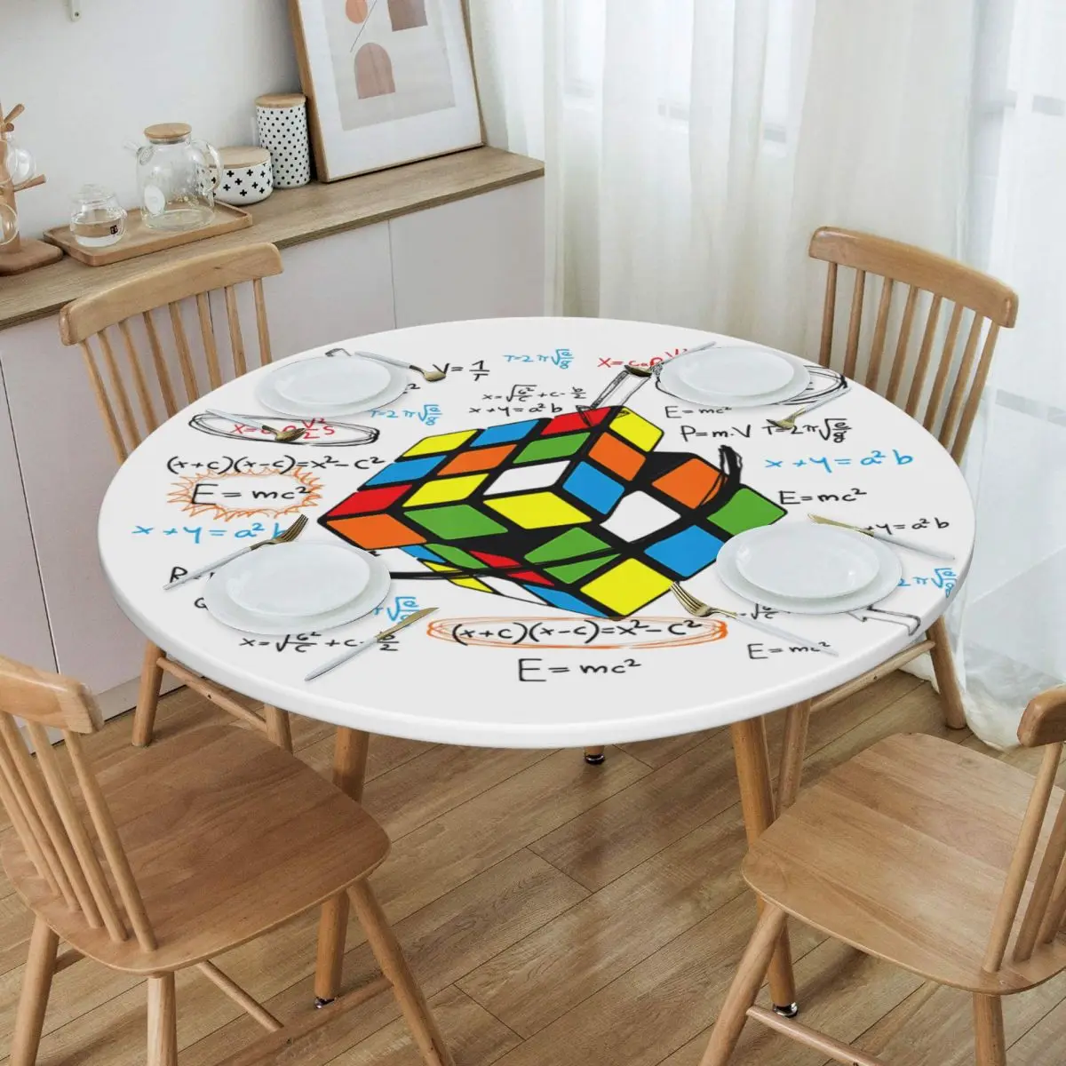 

Круглая водостойкая маслостойкая математическая скатерть Rubix Rubixs Cube, подложка, эластичные кромки, скатерти для стола 40-44 дюймов, подходящая скатерть