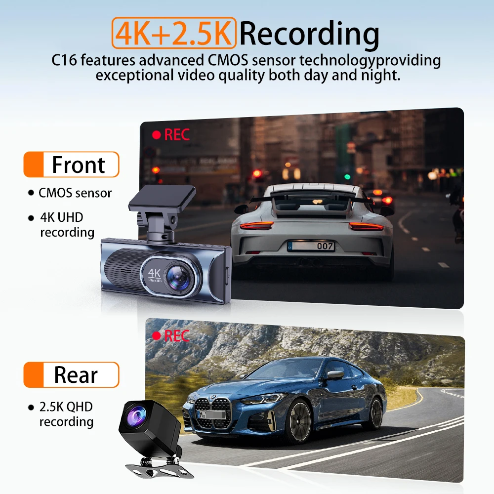 4K Dual-Lens DashCam WIFI GPS 2.5K Video Recorder Front and rear view camera Night Vision 24H Parking Moniting Car DVR Black Box