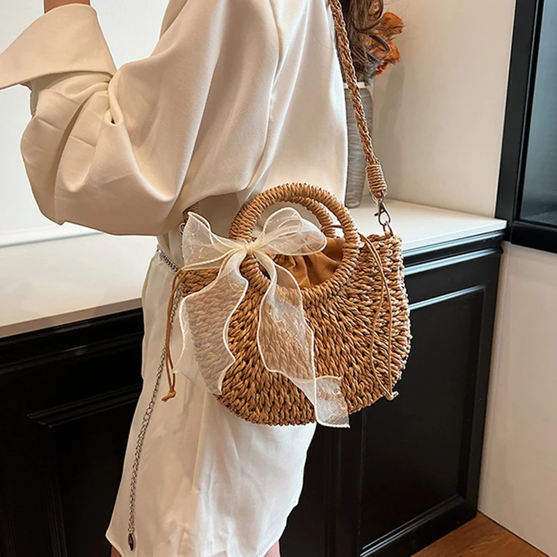 Straw Bag Women Hand-Woven Handbag Moon Shape Lace Bow Rattan Bag Big Capacity Drawstring Casual Beach Shoulder Crossbody Bag