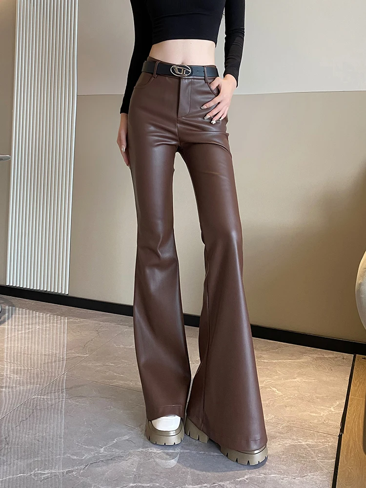 QOERLIN Stylish Fall Winter Velvet PU Leather Micro Flare Pants Women Temperament Slim-Fit Trousers High Waist Pant Black Coffee stylish front split flare jeans vintage ripped stretch high waist skinny denim pants blue coffee denim trousers 2022 fashion