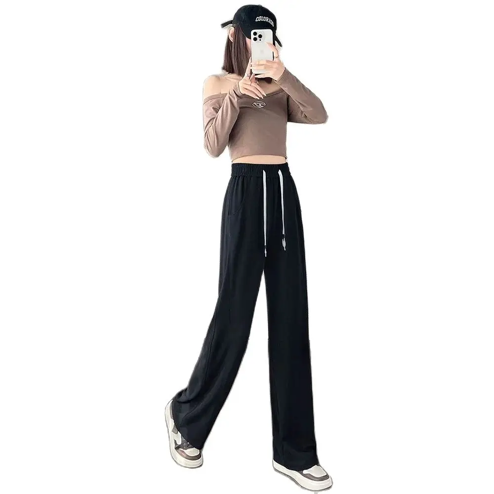 

Apricot Narrow Wide Legged Pants Women's Summer Thin Loose Ice Silk Draping Banana Pants High Waist Straight Leg Casual Pants