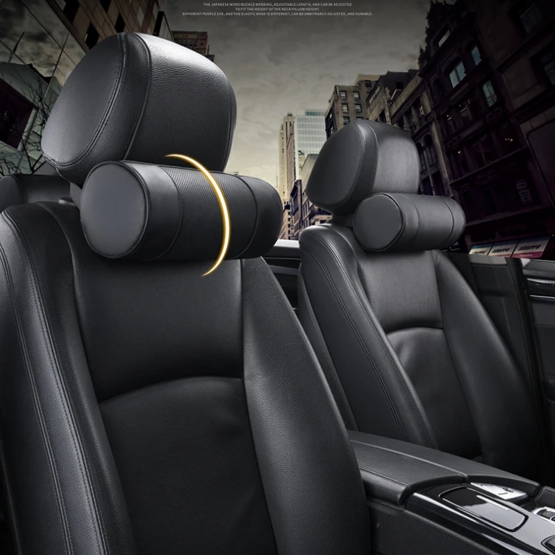 Memory Foam Car Neck Pillow/genuine Leather Auto Cervical Round Roll Office Chair Bolster