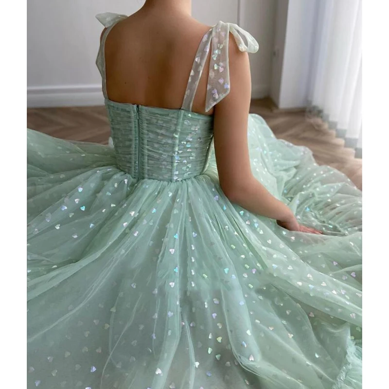 Sweetheart Mint Green Tulle Tea Length Wedding Party Gown Short Graduation Robes de cocktail Shiny Fairy Prom Dresses evening wear dresses