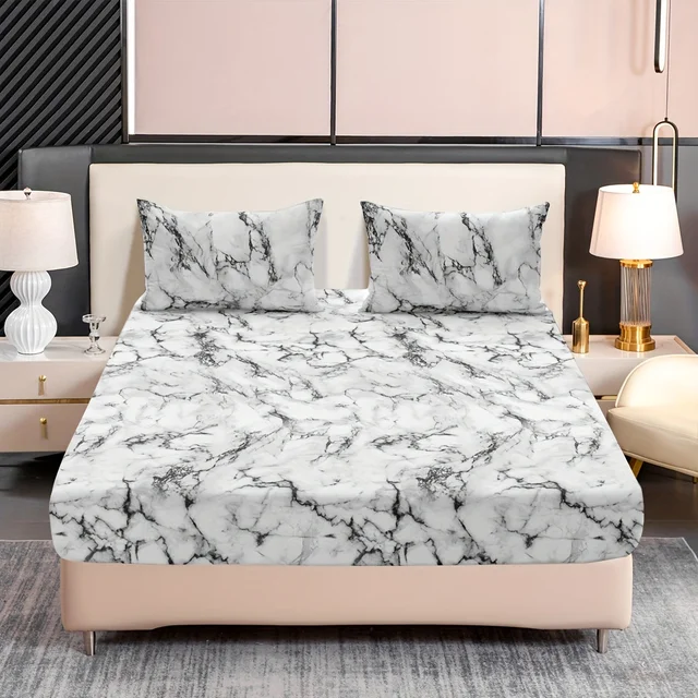 Ensemble de draps ajustés 3 pièces imprimé marbre – Tissu microfibre ultra doux et respirant, hypoallergénique, résistant aux rides, facile d'entretien – 3