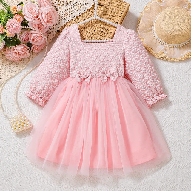 Robe de princesse rose pour filles, Style automne-hiver, manches bulles, Texture perle, haut, jupe en Tulle, taille, nœud papillon, élément doux 1