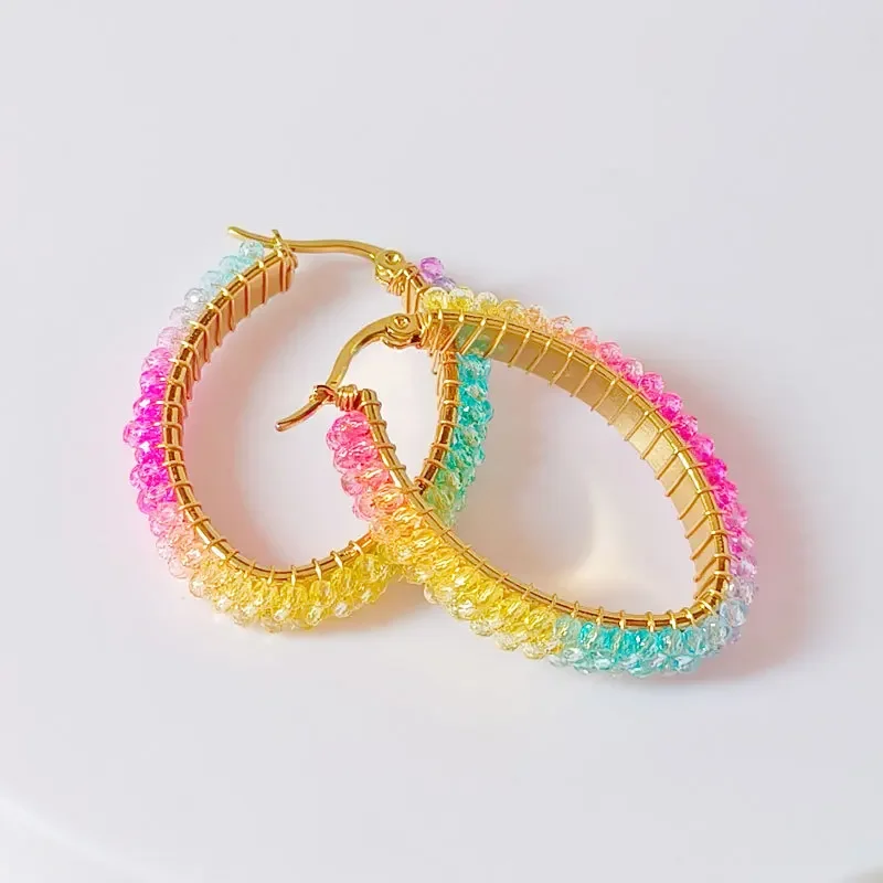 

Серьги из бисера, круглые оригинальные радужные Кристаллы ручной вязки, богемные простые геометрические серьги из сплава