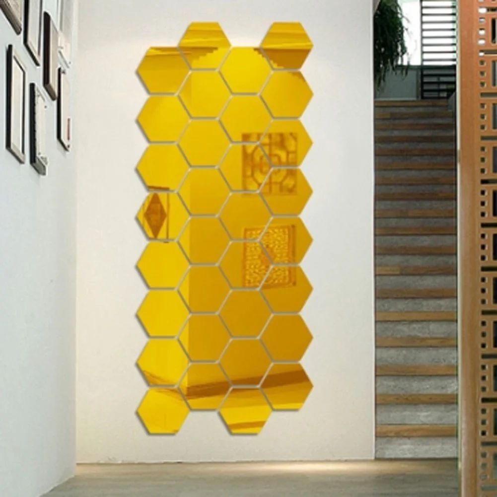 12PCS DIY 3D Mirror Geometric Hexago Decorations Wall Sticker Home