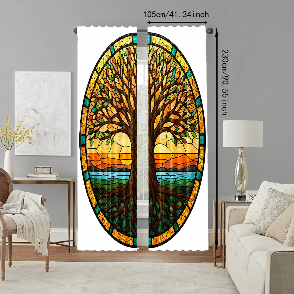 2pc, Window Drapes Bohemian tree pattern Versatile Fabric,Without Electricity Birthday Party Perfect for Holiday Decor 4